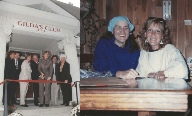 Two images: one of Five women and two men stand on the porch of Gilda's Club while posing behind a red ribbon and one woman has scissors about to cut the ribbon and the other of two women sitting next to each other laughing