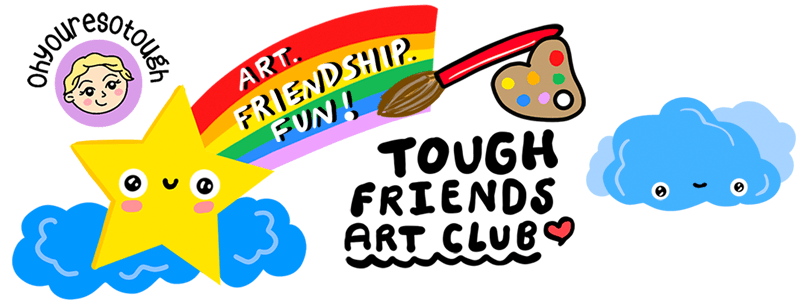 Graphic shows rainbow and star with paintbrush for Tough Friends Art Club